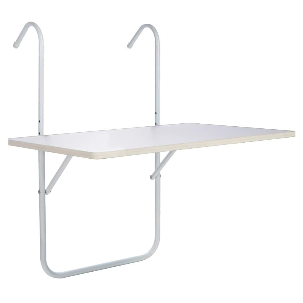 Hanging Balcony Table – Foldable Height Adjustable Wood Look Table in White Finish.